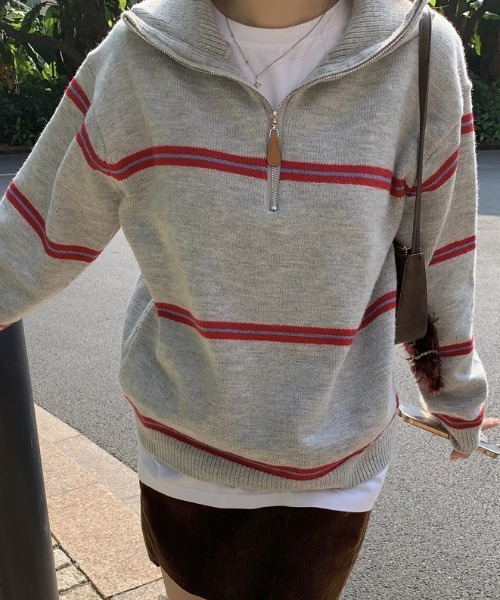 ハーフジップボーダー柄ニットプルオーバー（ニット/セーター