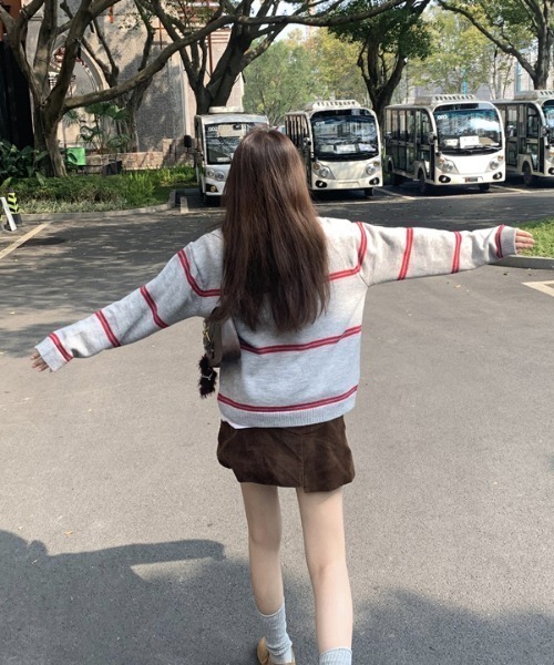 セール】ハーフジップボーダー柄ニットプルオーバー（ニット