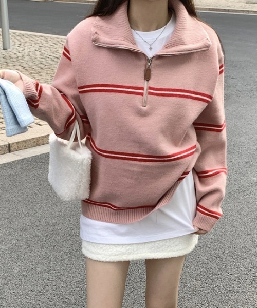 ランバンスポール　ハーフジップ　ボーダー柄　ニットトップス　白紺　38　秋冬 ランバンスポール ハーフジップ ボーダー柄 ニットトップス 白紺