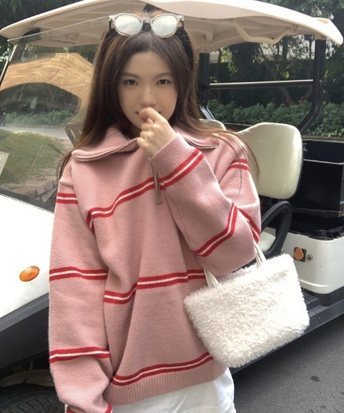 セール】ハーフジップボーダー柄ニットプルオーバー（ニット/セーター