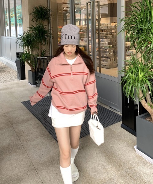 ハーフジップボーダー柄ニットプルオーバー（ニット/セーター