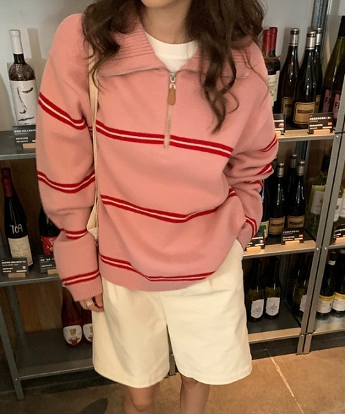 AsheKsha(アシクシャ)の「ハーフジップボーダー柄ニットプルオーバー(ニット/セーター・レディース・グレー/ピンク・M)」の3枚目の写真