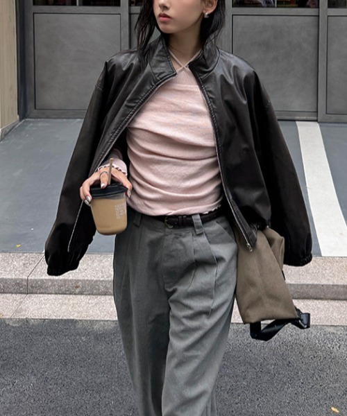 gossip!ロサンゼルス(ゴシップロサンゼルス)の「スタンドネック コンパクトPUジャケット(その他アウター・レディース・ブラウン/ブラック・FREE)」の1枚目の写真