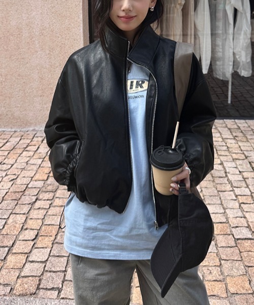 gossip!ロサンゼルス(ゴシップロサンゼルス)の「スタンドネック コンパクトPUジャケット(その他アウター・レディース・ブラウン/ブラック・FREE)」の2枚目の写真
