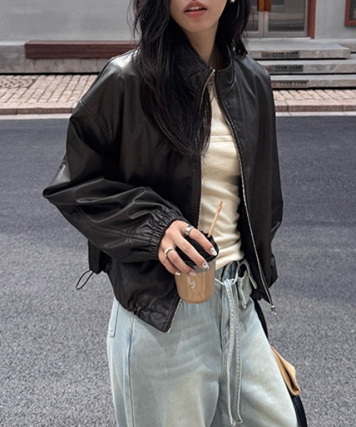 gossip!ロサンゼルス(ゴシップロサンゼルス)の「スタンドネック コンパクトPUジャケット(その他アウター・レディース・ブラウン/ブラック・FREE)」の21枚目の写真