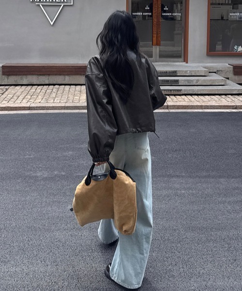 gossip!ロサンゼルス(ゴシップロサンゼルス)の「スタンドネック コンパクトPUジャケット(その他アウター・レディース・ブラウン/ブラック・FREE)」の18枚目の写真