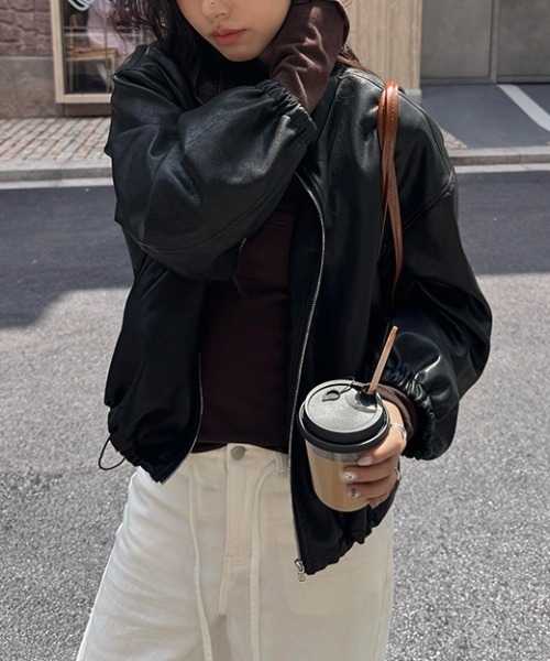 gossip!ロサンゼルス(ゴシップロサンゼルス)の「スタンドネック コンパクトPUジャケット(その他アウター・レディース・ブラウン/ブラック・FREE)」の11枚目の写真