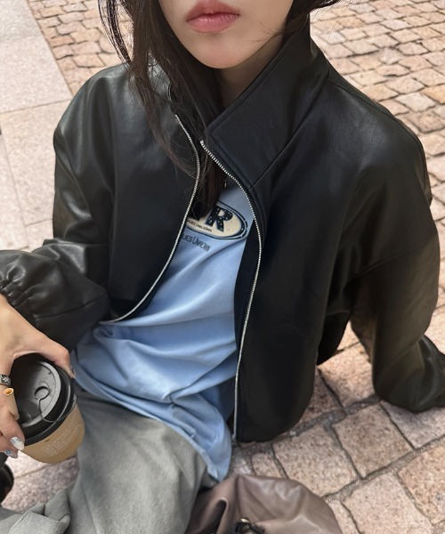 gossip!ロサンゼルス(ゴシップロサンゼルス)の「スタンドネック コンパクトPUジャケット(その他アウター・レディース・ブラウン/ブラック・FREE)」の4枚目の写真