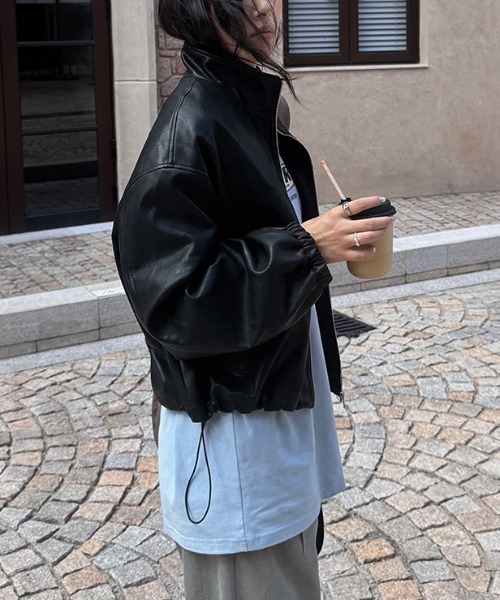 gossip!ロサンゼルス(ゴシップロサンゼルス)の「スタンドネック コンパクトPUジャケット(その他アウター・レディース・ブラウン/ブラック・FREE)」の7枚目の写真