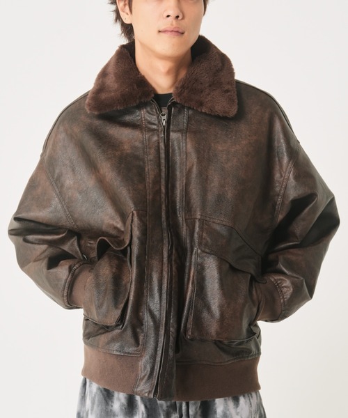セール】フェイクレザー衿ファー脱着薄中綿ブルゾン(M1)（ブルゾン