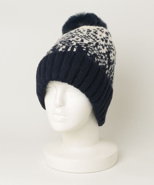 セール】バイカラーポンポン付きニット帽（ニットキャップ/ビーニー