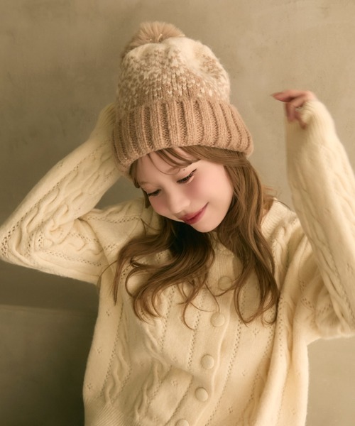 セール】バイカラーポンポン付きニット帽（ニットキャップ/ビーニー