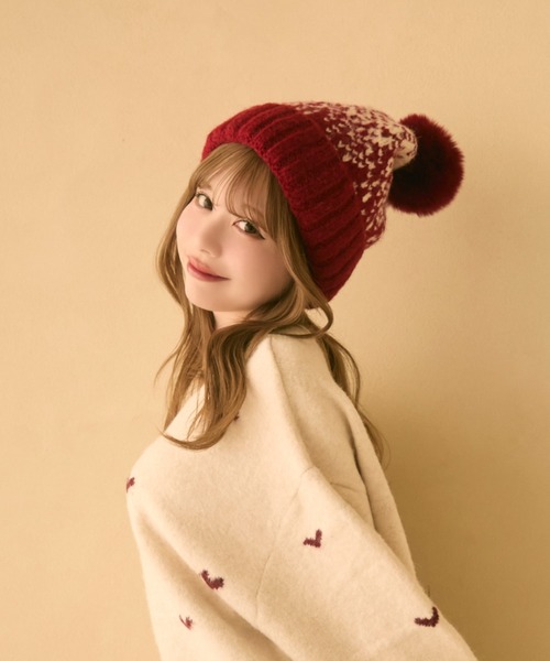 セール】バイカラーポンポン付きニット帽（ニットキャップ/ビーニー