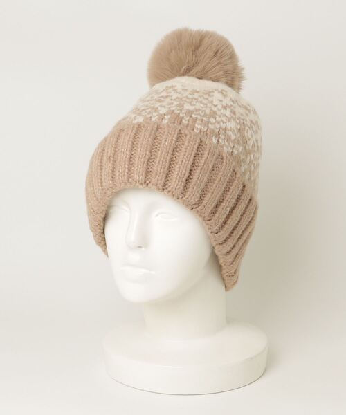 セール】バイカラーポンポン付きニット帽（ニットキャップ/ビーニー