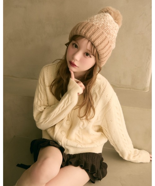 セール】バイカラーポンポン付きニット帽（ニットキャップ/ビーニー