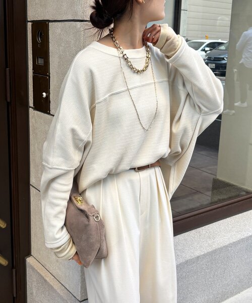 DouDou（ドゥドゥ）の「サーマルボンバーヒートプルオーバー（Tシャツ/カットソー・レディース・チャコールグレー/アイボリー/ブラック・FREE）」の2枚目の写真