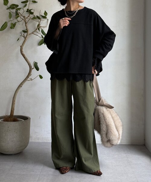 DouDou（ドゥドゥ）の「サーマルボンバーヒートプルオーバー（Tシャツ/カットソー・レディース・チャコールグレー/アイボリー/ブラック・FREE）」の6枚目の写真