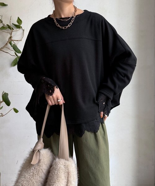 DouDou（ドゥドゥ）の「サーマルボンバーヒートプルオーバー（Tシャツ/カットソー・レディース・チャコールグレー/アイボリー/ブラック・FREE）」の8枚目の写真