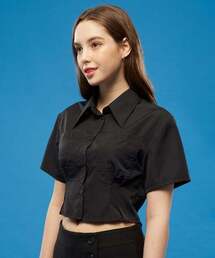 WOMEN クロップスリム半袖シャツ [BLACK] クロップティ半袖