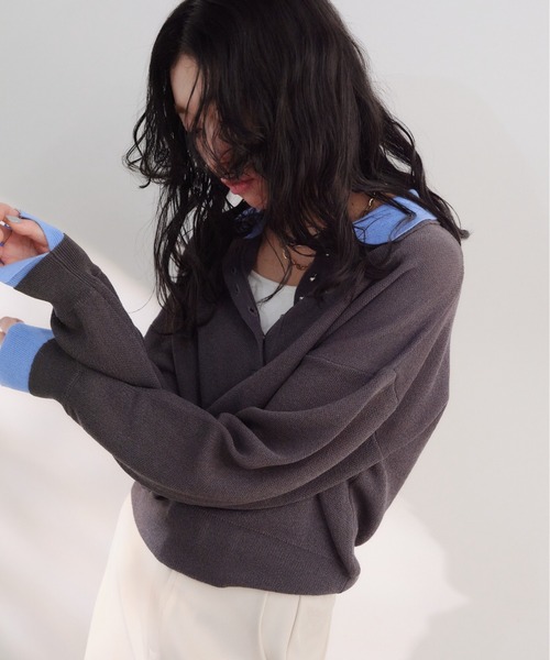 Shelly island（シェリーアイランド）の「レイヤード見えポロプルオーバー（ニット/セーター・レディース・チャコールグレー/ホワイト・FREE）」の7枚目の写真