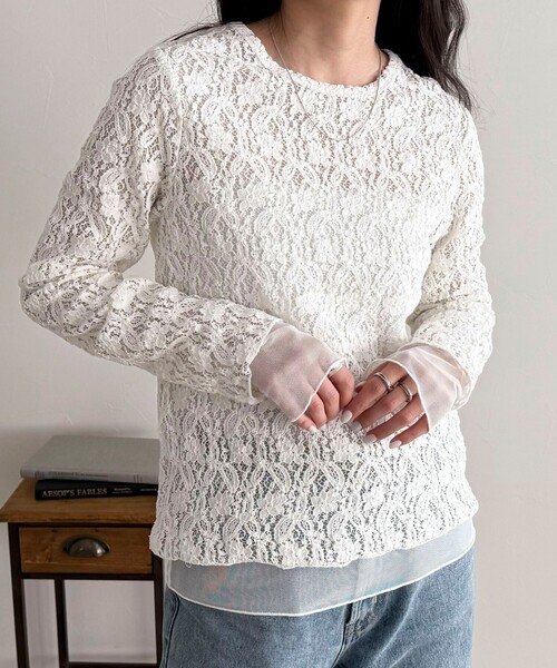 fredy emue（フレディエミュ）の「チュールレイヤードレースロンTシャツ（Tシャツ/カットソー・レディース・ブラック/オフホワイト・38）」の6枚目の写真