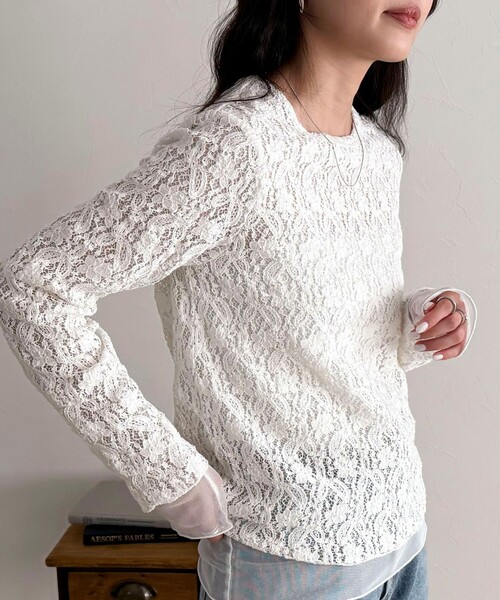 fredy emue（フレディエミュ）の「チュールレイヤードレースロンTシャツ（Tシャツ/カットソー・レディース・ブラック/オフホワイト・38）」の7枚目の写真