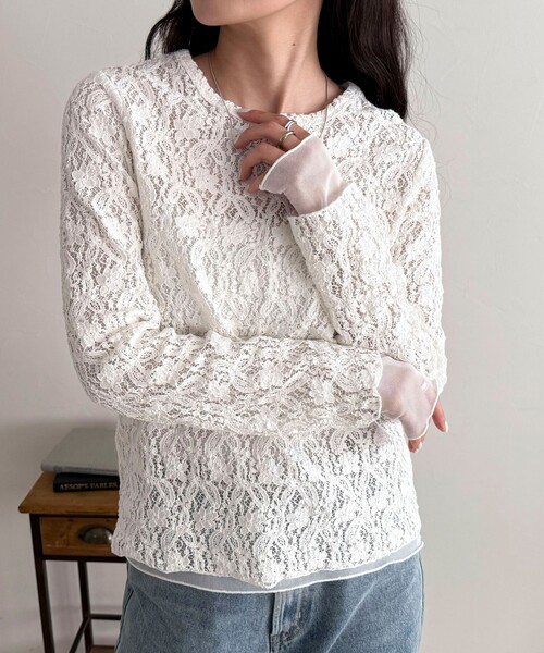 fredy emue（フレディエミュ）の「チュールレイヤードレースロンTシャツ（Tシャツ/カットソー・レディース・ブラック/オフホワイト・38）」の9枚目の写真