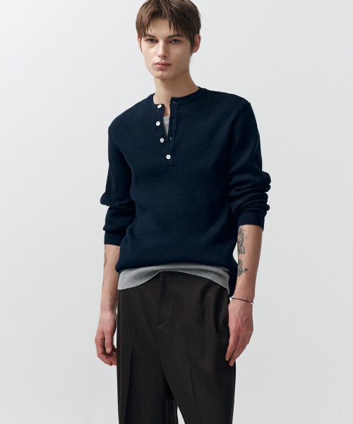 Cotton rib henley knit (Navy) — рубашка в стиле хенли, трикотаж