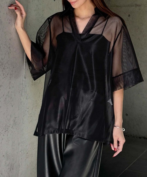 ELFRANK(エルフランク)の「メッシュシアースキッパートップス 半袖 オーバーサイズ(Tシャツ/カットソー・レディース・モカ/ブラック/アイボリー・FREE)」の3枚目の写真