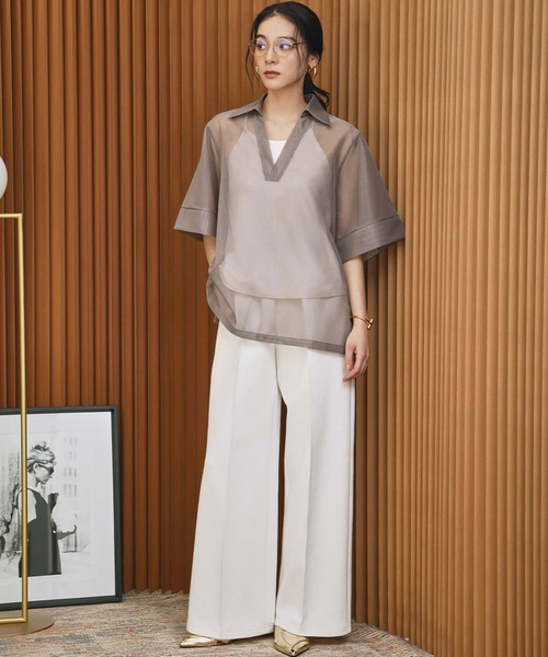 ELFRANK(エルフランク)の「メッシュシアースキッパートップス 半袖 オーバーサイズ(Tシャツ/カットソー・レディース・モカ/ブラック/アイボリー・FREE)」の1枚目の写真