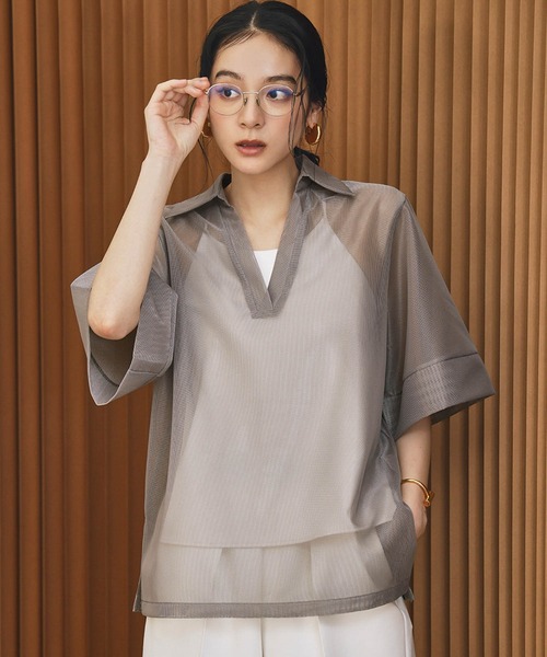 ELFRANK(エルフランク)の「メッシュシアースキッパートップス 半袖 オーバーサイズ(Tシャツ/カットソー・レディース・モカ/ブラック/アイボリー・FREE)」の9枚目の写真