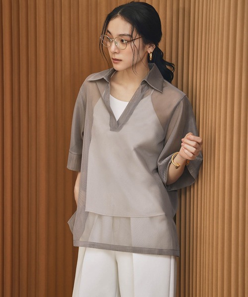 ELFRANK(エルフランク)の「メッシュシアースキッパートップス 半袖 オーバーサイズ(Tシャツ/カットソー・レディース・モカ/ブラック/アイボリー・FREE)」の13枚目の写真