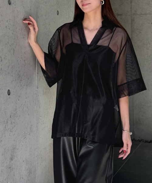 ELFRANK(エルフランク)の「メッシュシアースキッパートップス 半袖 オーバーサイズ(Tシャツ/カットソー・レディース・モカ/ブラック/アイボリー・FREE)」の16枚目の写真