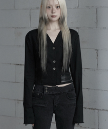 Back Diagonal Eyelet Collarless Crop Jacket (Black)