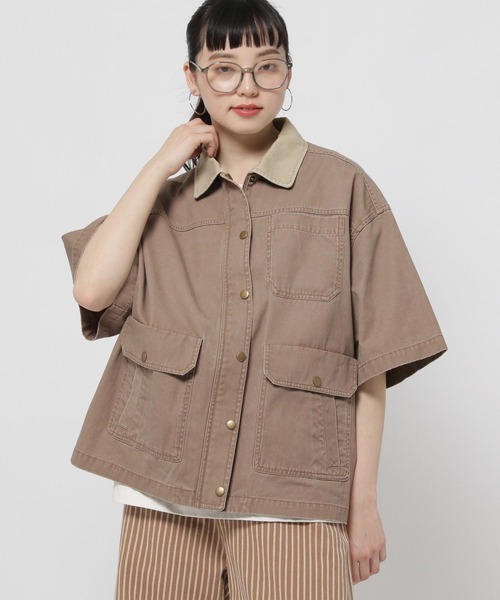 niko and...（ニコアンド）の「半袖BOYSワークジャケット（ミリタリージャケット・レディース・ブラック/ライトブラウン・FREE）」の2枚目の写真