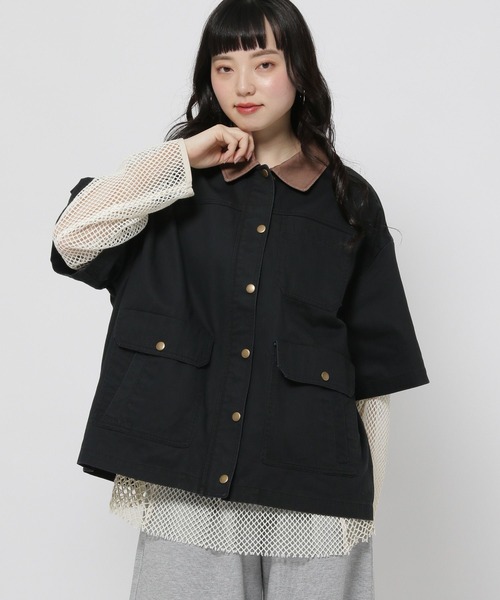 niko and...（ニコアンド）の「半袖BOYSワークジャケット（ミリタリージャケット・レディース・ブラック/ライトブラウン・FREE）」の3枚目の写真