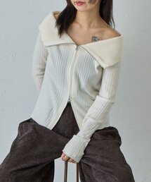 オフショルリブWジップニット