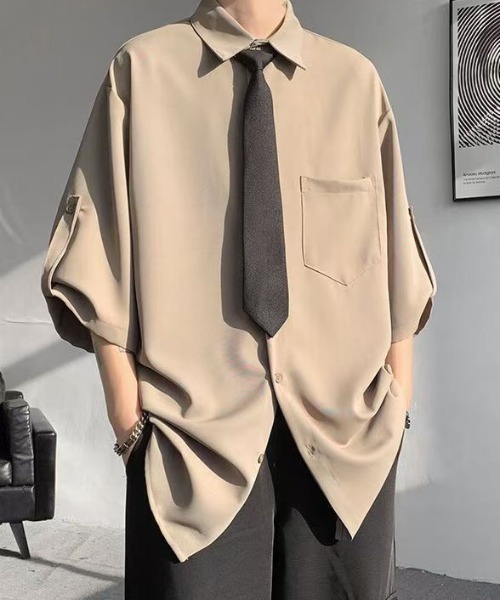 WYZ wear(ダブリューワイジィーウェア)の「ネクタイ付きオーバーサイズロールアップ半袖シャツ/ユニセックス(シャツ/ブラウス・メンズ・ベージュ/ブラック/ホワイト・XL/M/L)」の17枚目の写真