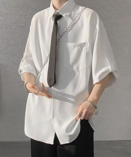 WYZ wear(ダブリューワイジィーウェア)の「ネクタイ付きオーバーサイズロールアップ半袖シャツ/ユニセックス(シャツ/ブラウス・メンズ・ベージュ/ブラック/ホワイト・XL/M/L)」の4枚目の写真