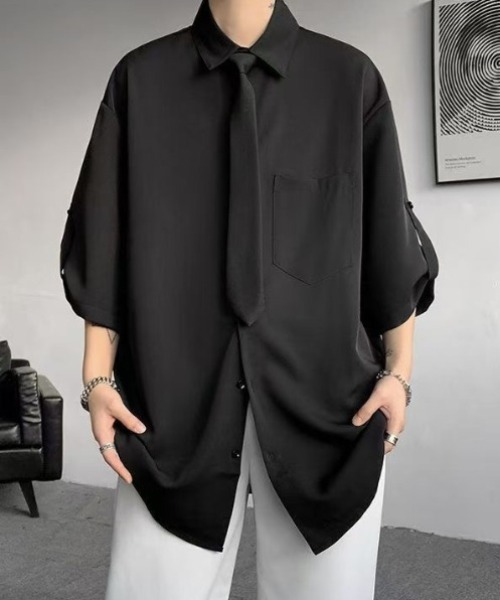 WYZ wear(ダブリューワイジィーウェア)の「ネクタイ付きオーバーサイズロールアップ半袖シャツ/ユニセックス(シャツ/ブラウス・メンズ・ベージュ/ブラック/ホワイト・XL/M/L)」の10枚目の写真