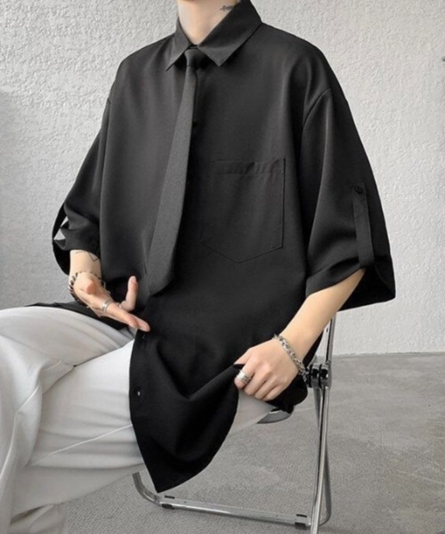 WYZ wear(ダブリューワイジィーウェア)の「ネクタイ付きオーバーサイズロールアップ半袖シャツ/ユニセックス(シャツ/ブラウス・メンズ・ベージュ/ブラック/ホワイト・XL/M/L)」の13枚目の写真