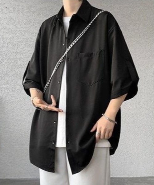 WYZ wear(ダブリューワイジィーウェア)の「ネクタイ付きオーバーサイズロールアップ半袖シャツ/ユニセックス(シャツ/ブラウス・メンズ・ベージュ/ブラック/ホワイト・XL/M/L)」の15枚目の写真