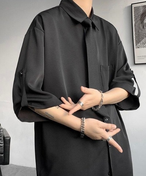 WYZ wear(ダブリューワイジィーウェア)の「ネクタイ付きオーバーサイズロールアップ半袖シャツ/ユニセックス(シャツ/ブラウス・メンズ・ベージュ/ブラック/ホワイト・XL/M/L)」の12枚目の写真