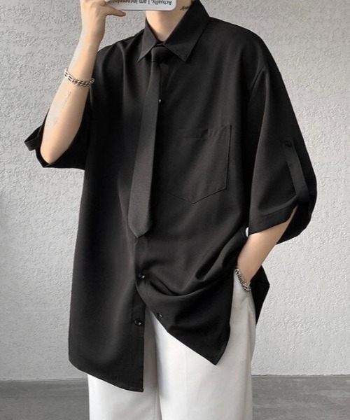 WYZ wear(ダブリューワイジィーウェア)の「ネクタイ付きオーバーサイズロールアップ半袖シャツ/ユニセックス(シャツ/ブラウス・メンズ・ベージュ/ブラック/ホワイト・XL/M/L)」の11枚目の写真