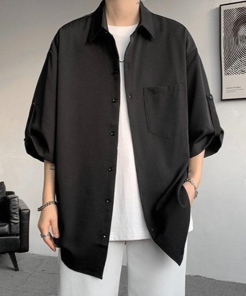 WYZ wear(ダブリューワイジィーウェア)の「ネクタイ付きオーバーサイズロールアップ半袖シャツ/ユニセックス(シャツ/ブラウス・メンズ・ベージュ/ブラック/ホワイト・XL/M/L)」の14枚目の写真