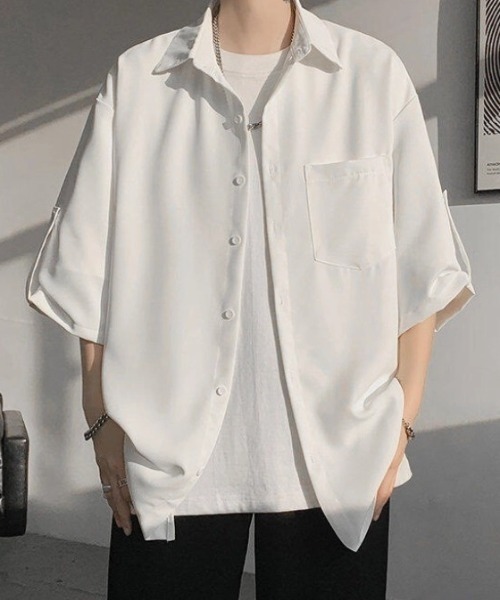 WYZ wear(ダブリューワイジィーウェア)の「ネクタイ付きオーバーサイズロールアップ半袖シャツ/ユニセックス(シャツ/ブラウス・メンズ・ベージュ/ブラック/ホワイト・XL/M/L)」の8枚目の写真