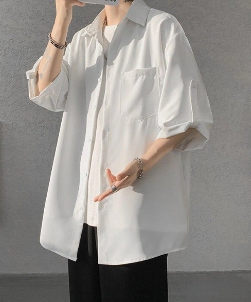 WYZ wear(ダブリューワイジィーウェア)の「ネクタイ付きオーバーサイズロールアップ半袖シャツ/ユニセックス(シャツ/ブラウス・メンズ・ベージュ/ブラック/ホワイト・XL/M/L)」の7枚目の写真