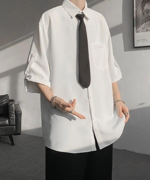 WYZ wear(ダブリューワイジィーウェア)の「ネクタイ付きオーバーサイズロールアップ半袖シャツ/ユニセックス(シャツ/ブラウス・メンズ・ベージュ/ブラック/ホワイト・XL/M/L)」の6枚目の写真