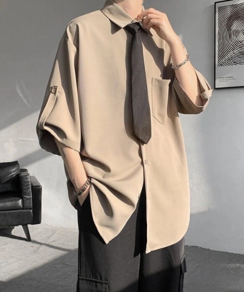 WYZ wear(ダブリューワイジィーウェア)の「ネクタイ付きオーバーサイズロールアップ半袖シャツ/ユニセックス(シャツ/ブラウス・メンズ・ベージュ/ブラック/ホワイト・XL/M/L)」の20枚目の写真