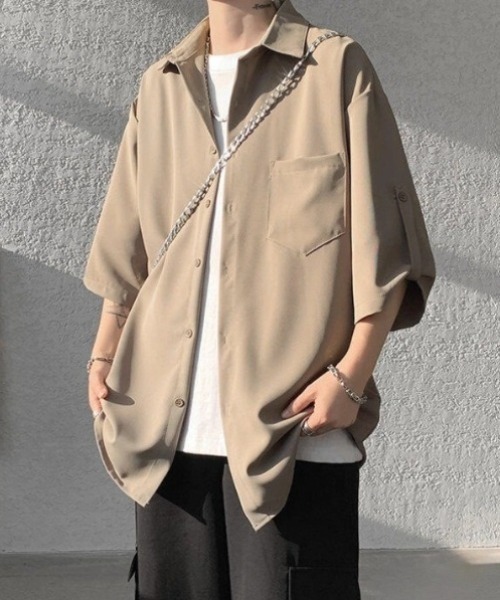 WYZ wear(ダブリューワイジィーウェア)の「ネクタイ付きオーバーサイズロールアップ半袖シャツ/ユニセックス(シャツ/ブラウス・メンズ・ベージュ/ブラック/ホワイト・XL/M/L)」の22枚目の写真
